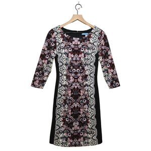 Antonio Melani Black Floral Scoop Neck 3/4 Sleeve Sheath Dress Sz 2